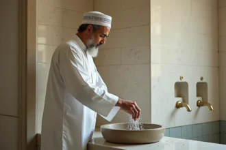 Homme effectuant les ablutions dans la salle de wudu d'une mosquée du Blanc-Mesnil avant la prière