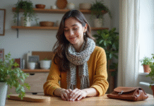 Femme arrangeant ses accessoires dans un salon cosy