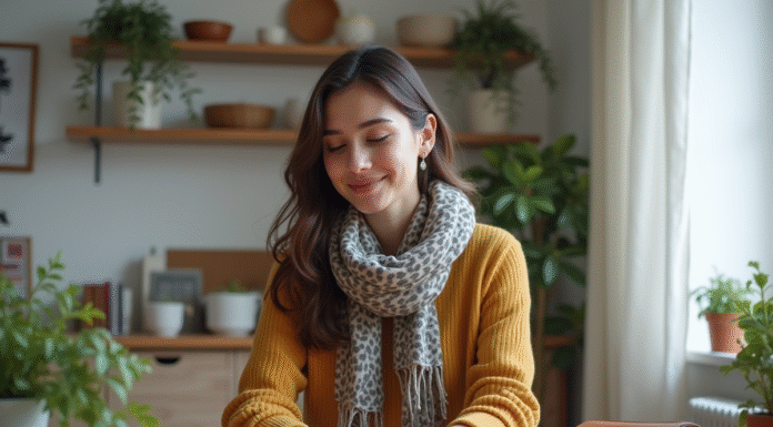 Femme arrangeant ses accessoires dans un salon cosy
