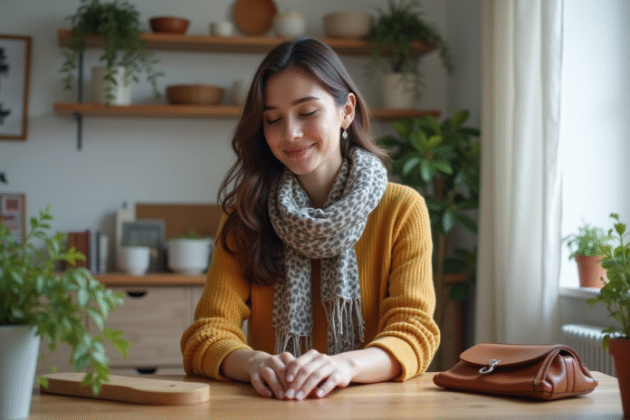 accessoires-salon-idees Femme arrangeant ses accessoires dans un salon cosy