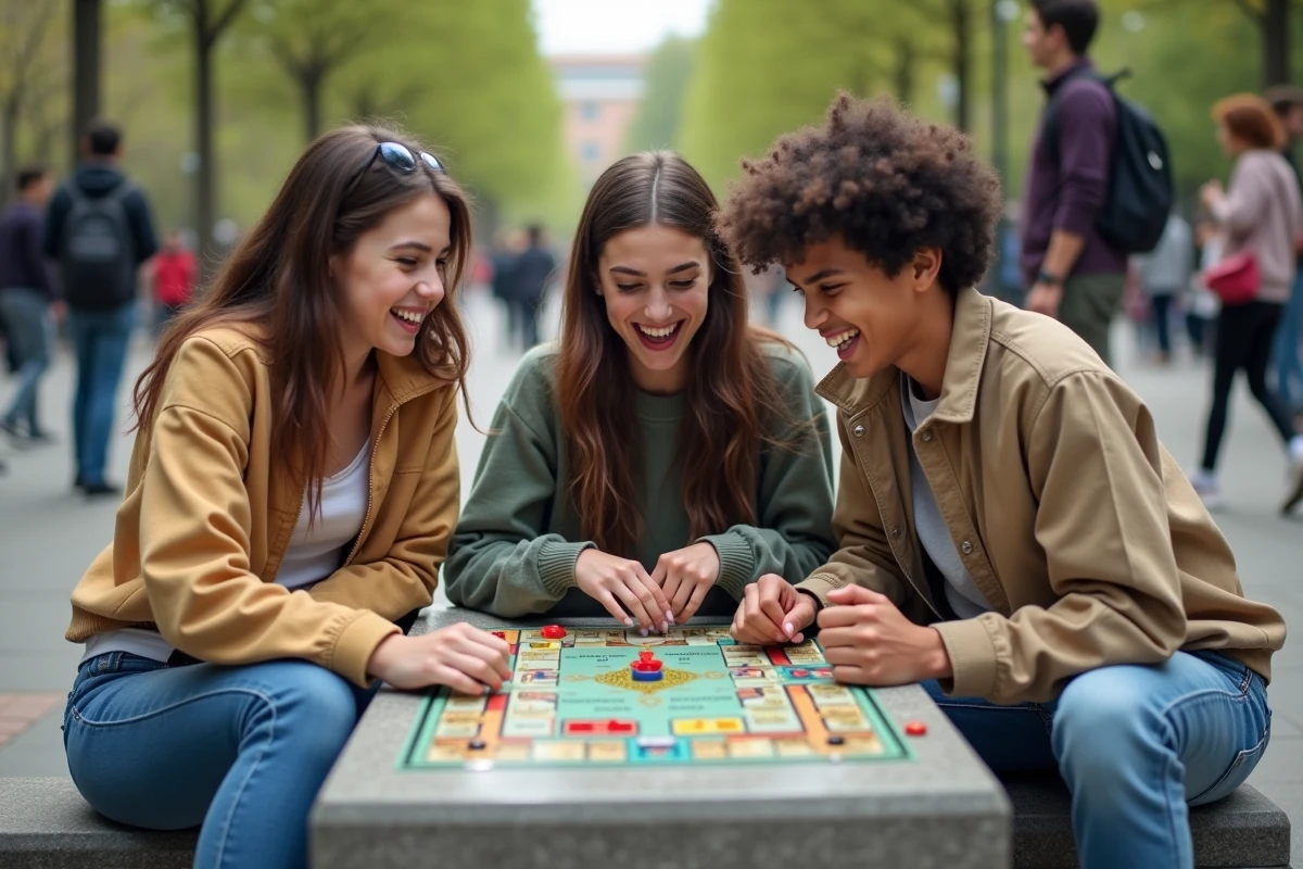 Trois adolescents jouant à Monopoly sur un banc en ville