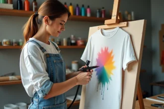 Jeune femme utilisant un aérographe pour peindre un t-shirt blanc sur un établi dans un atelier de personnalisation textile