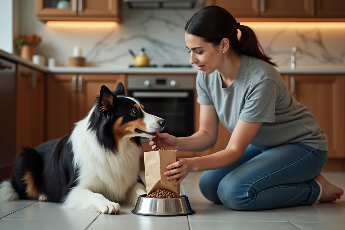 Femme versant des croquettes hypoallergéniques dans la gamelle d'un border collie en cuisine pour aider sa peau sensible