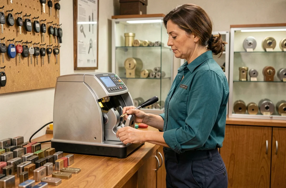 Serrurier d'Alsa Clés Fleck-Beyer utilisant une machine à reproduire les clés dans une boutique de serrurerie