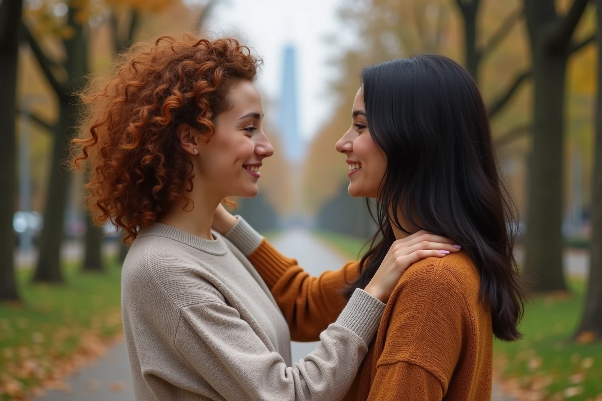 Deux amies d'enfance dans un parc en automne, partageant un moment d'émotion et de gratitude