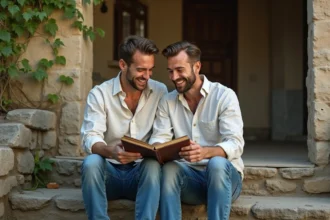 Deux amis d'enfance adultes feuilletant un album photo sur des marches en pierre, riant ensemble dans une cour rustique