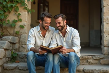 Deux amis d'enfance adultes feuilletant un album photo sur des marches en pierre, riant ensemble dans une cour rustique