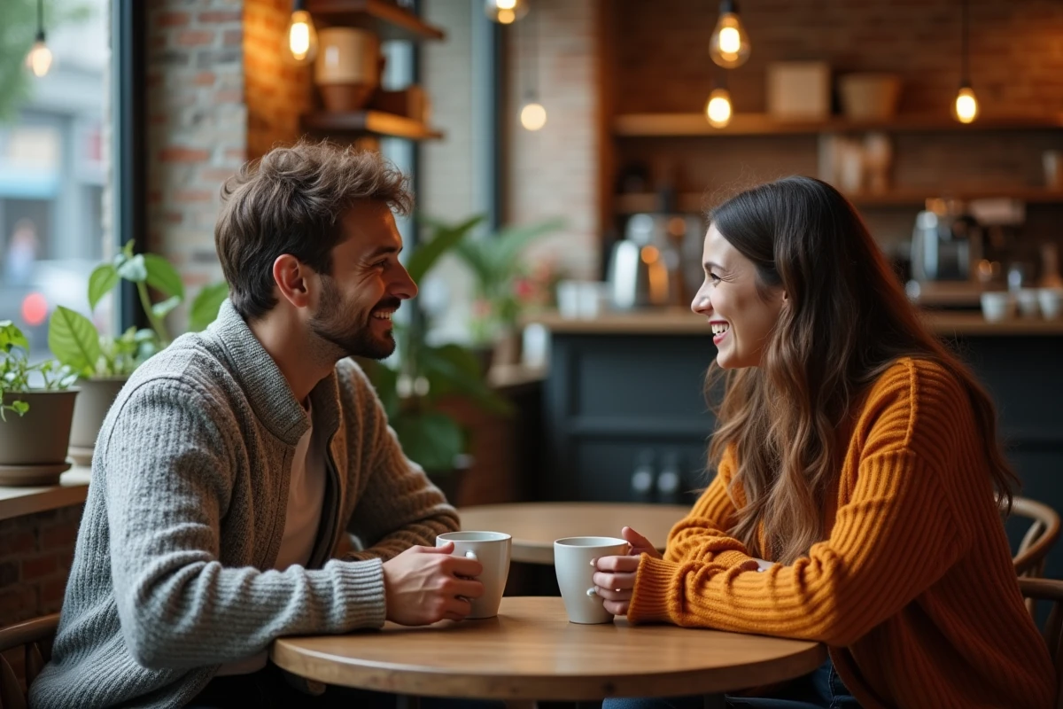 Un homme et une femme amis d'enfance partageant un moment sincère autour d'un café dans un café chaleureux