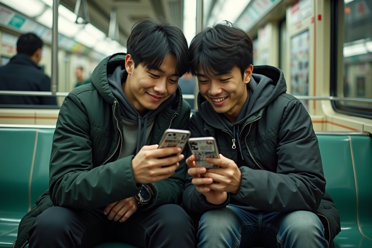 Deux amis fans de One Piece lisant un scan sur smartphone dans le métro