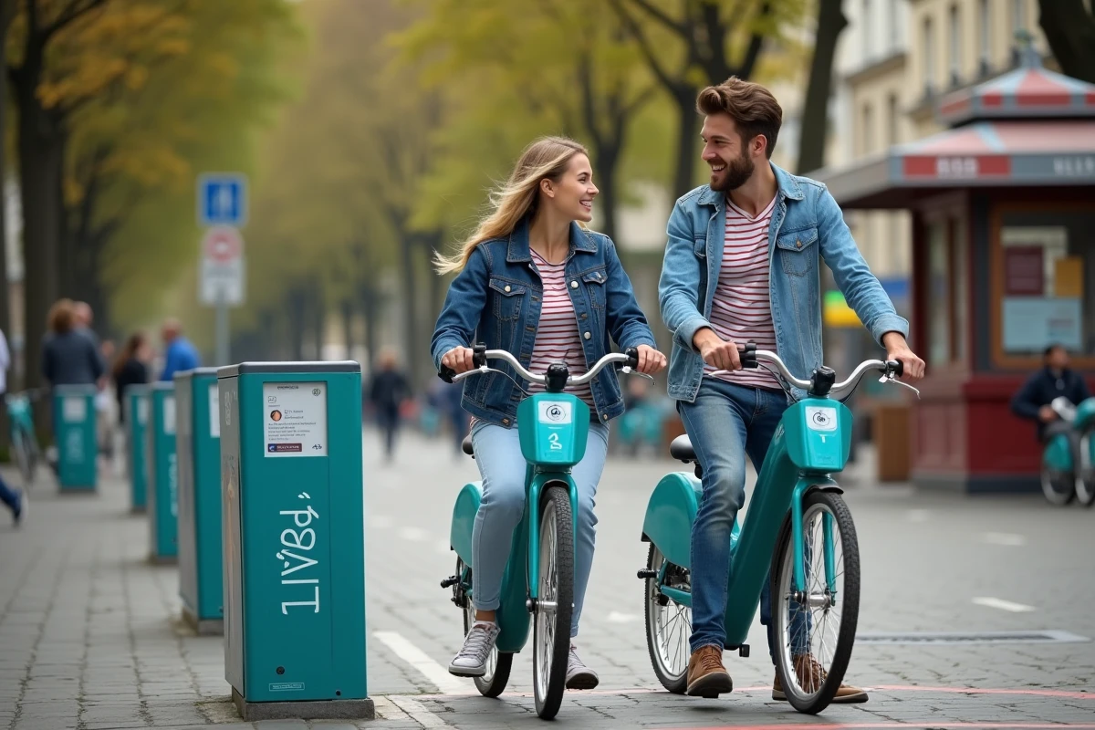 Deux amis garant leurs vélos à une station Vélib' dans un square parisien bordé d'arbres