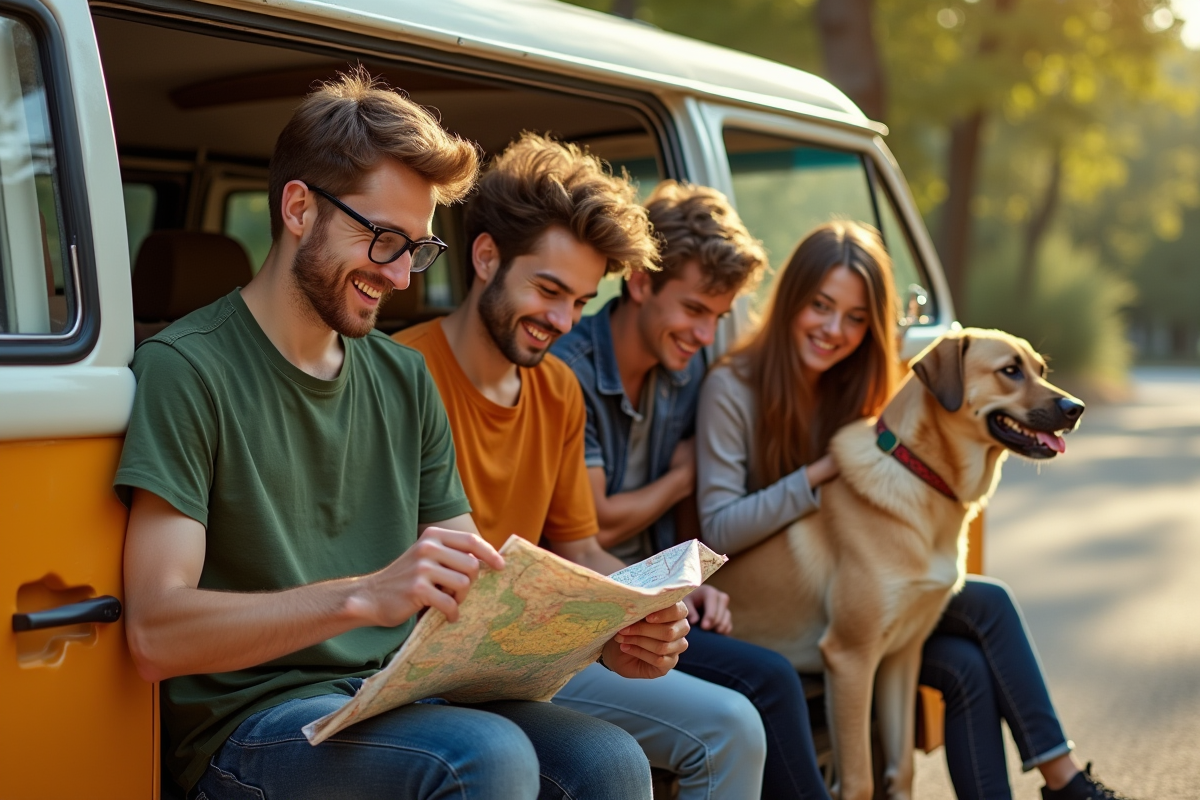 Cinq amis dans un van vintage au bord d'une route ensoleillee