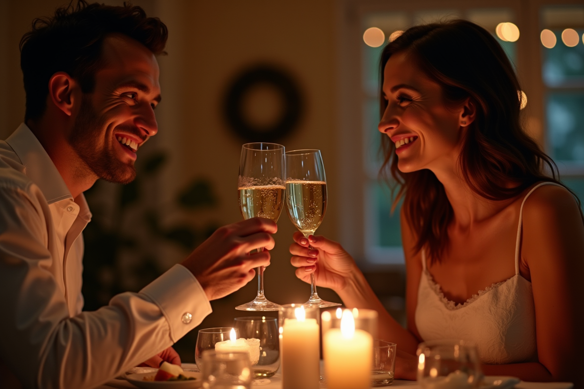 Couple célébrant anniversaire avec dîner aux bougies à la maison