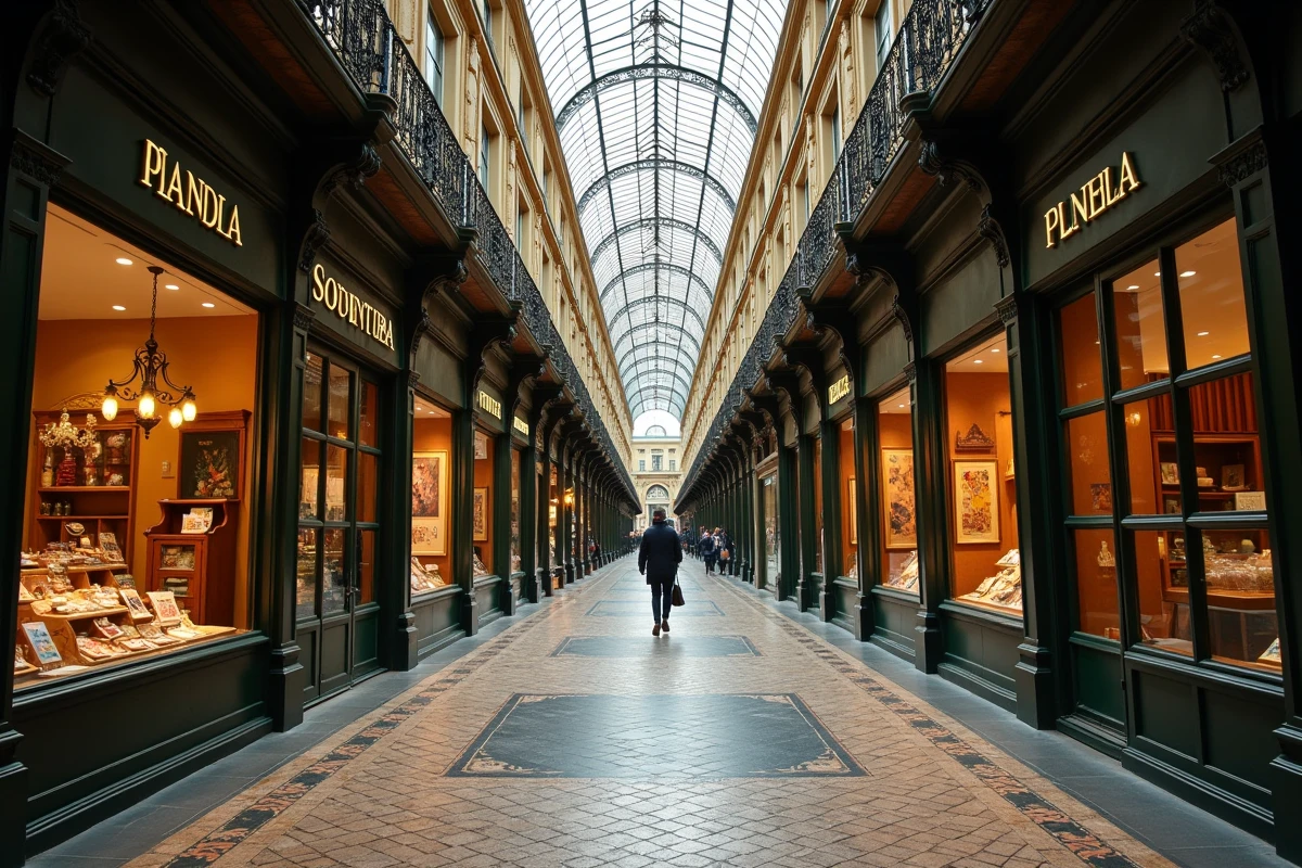 Vue architecturale en perspective d'un passage couvert parisien historique avec sa verrière en fer forgé, ses boutiques de caractère et son sol en mosaïque