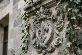 Armoiries royales françaises sculptées en pierre sur une façade médiévale, ornées de fleurs de lys et partiellement recouvertes de lierre