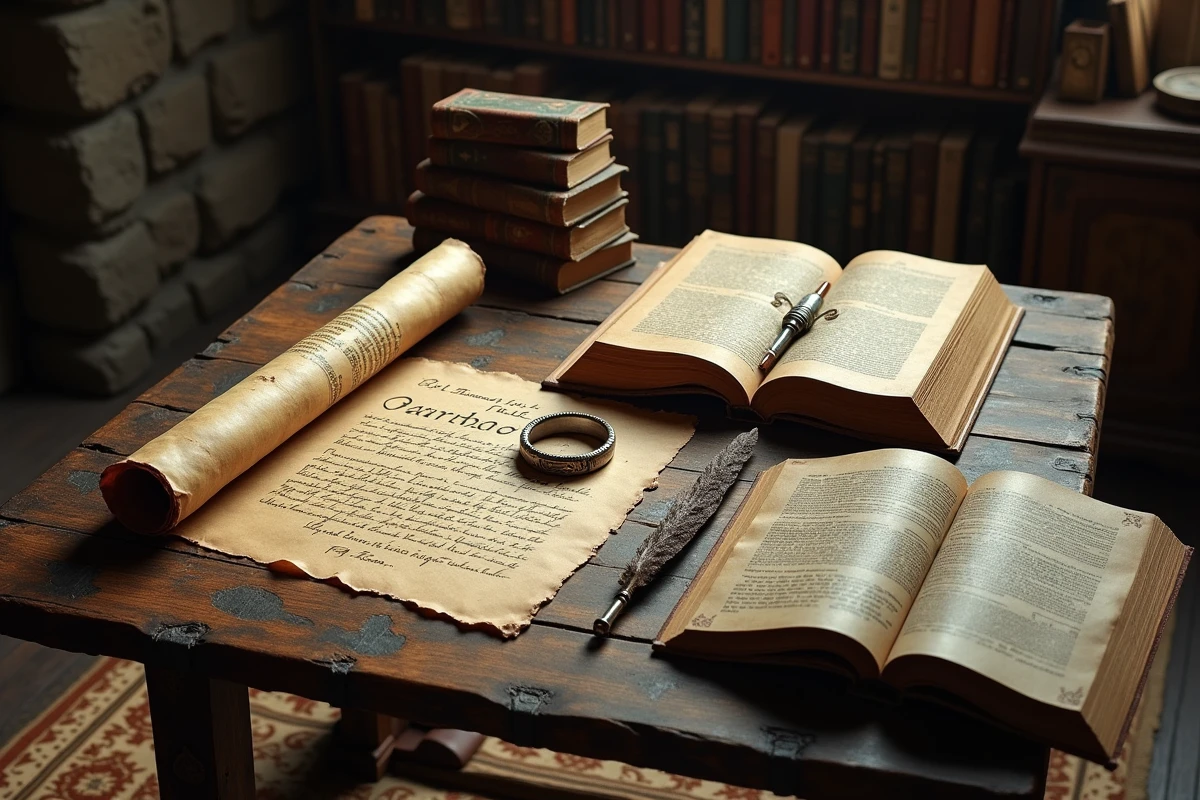 Artefacts fantasy et cartes manuscrites posés sur une table en bois illustrant la chronologie du Seigneur des Anneaux