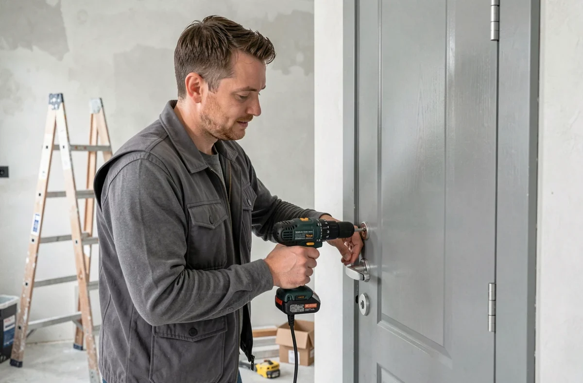 Artisan serrurier d'Artisan 67 installant une poignée de porte dans un appartement en rénovation