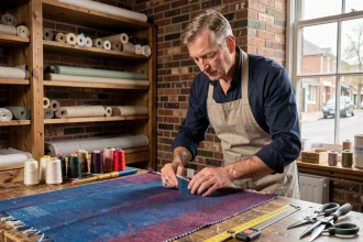 Artisan textile inspectant la finition d'un tissu bleu et rouge dans un atelier authentique
