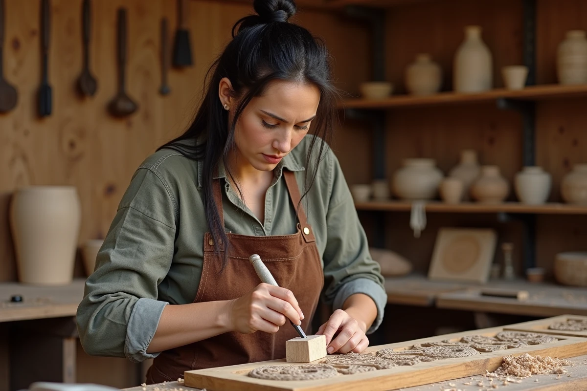 Artisane sculptant des nœuds entrelacés et un dragon viking sur un panneau en bois dans un atelier traditionnel