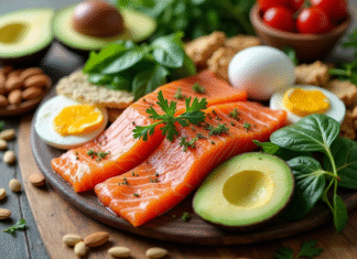 Assortiment coloré d'aliments riches en vitamines sur une table en bois