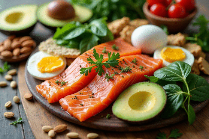 Assortiment coloré d'aliments riches en vitamines sur une table en bois
