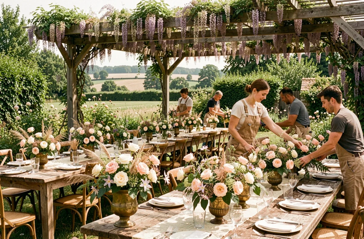 Préparation d'un décor floral événementiel en plein air par Atelier Florevent près de Saint-Éloy-de-Gy, avec des centres de table en roses et graminées sur de longues tables de banquet