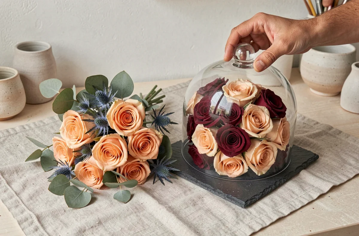 Comparaison entre un bouquet de fleurs fraîches et des roses éternelles sous cloche en verre sur ardoise, illustrant l'offre d'Atelier Nature
