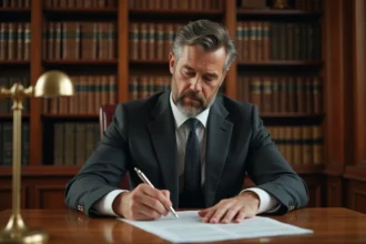 Avocat en costume lisant attentivement le Code civil article 1134 à son bureau en chêne dans un cabinet juridique traditionnel