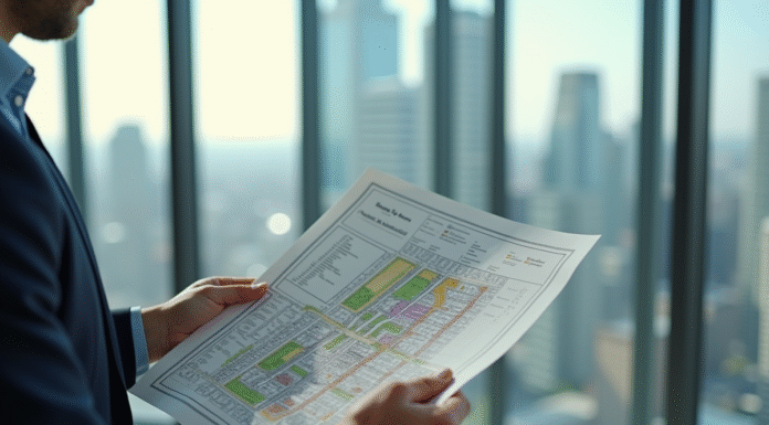 Avocat dans un bureau examinant un plan d'urbanisme