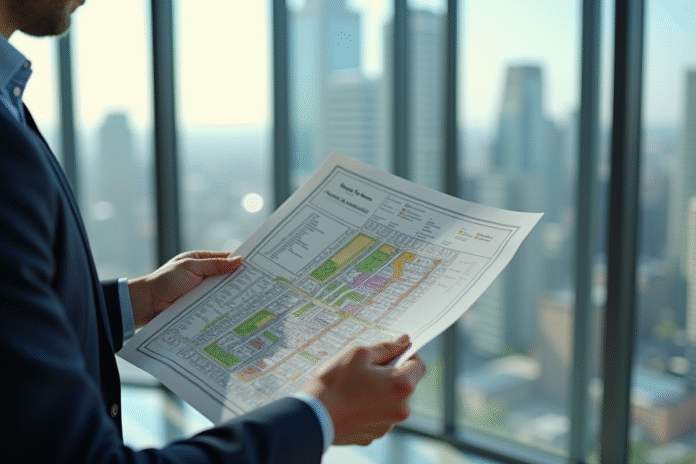 avocat-plan-urbanisme Avocat dans un bureau examinant un plan d'urbanisme