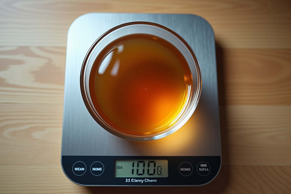 Balance de cuisine avec bol contenant 100g de liquide
