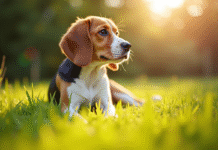 Beagle assis dans un jardin ensoleille avec lumiere naturelle
