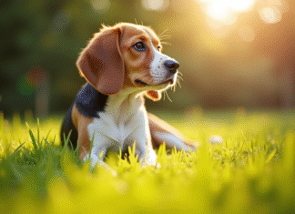 Beagle assis dans un jardin ensoleille avec lumiere naturelle