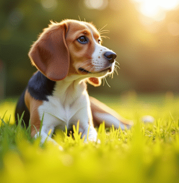 Tout savoir sur les beagles d’Élisabeth Beagle assis dans un jardin ensoleille avec lumiere naturelle