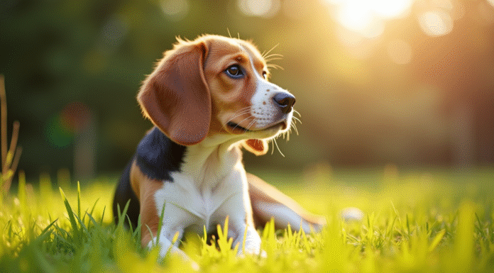 Beagle assis dans un jardin ensoleille avec lumiere naturelle