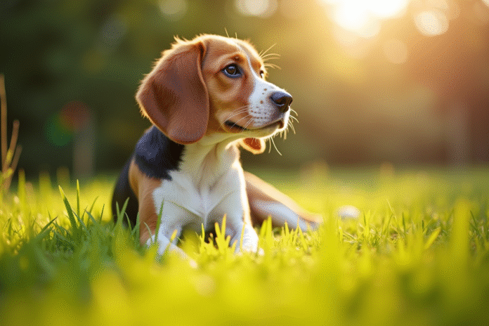 beagle-sedentaire-jardin-soleil Beagle assis dans un jardin ensoleille avec lumiere naturelle