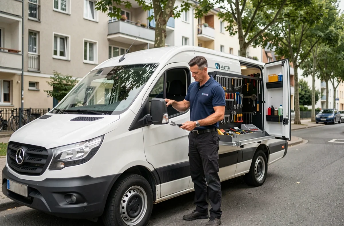 Technicien BK Services organisant ses outils depuis son véhicule de service dans une rue résidentielle de Strasbourg