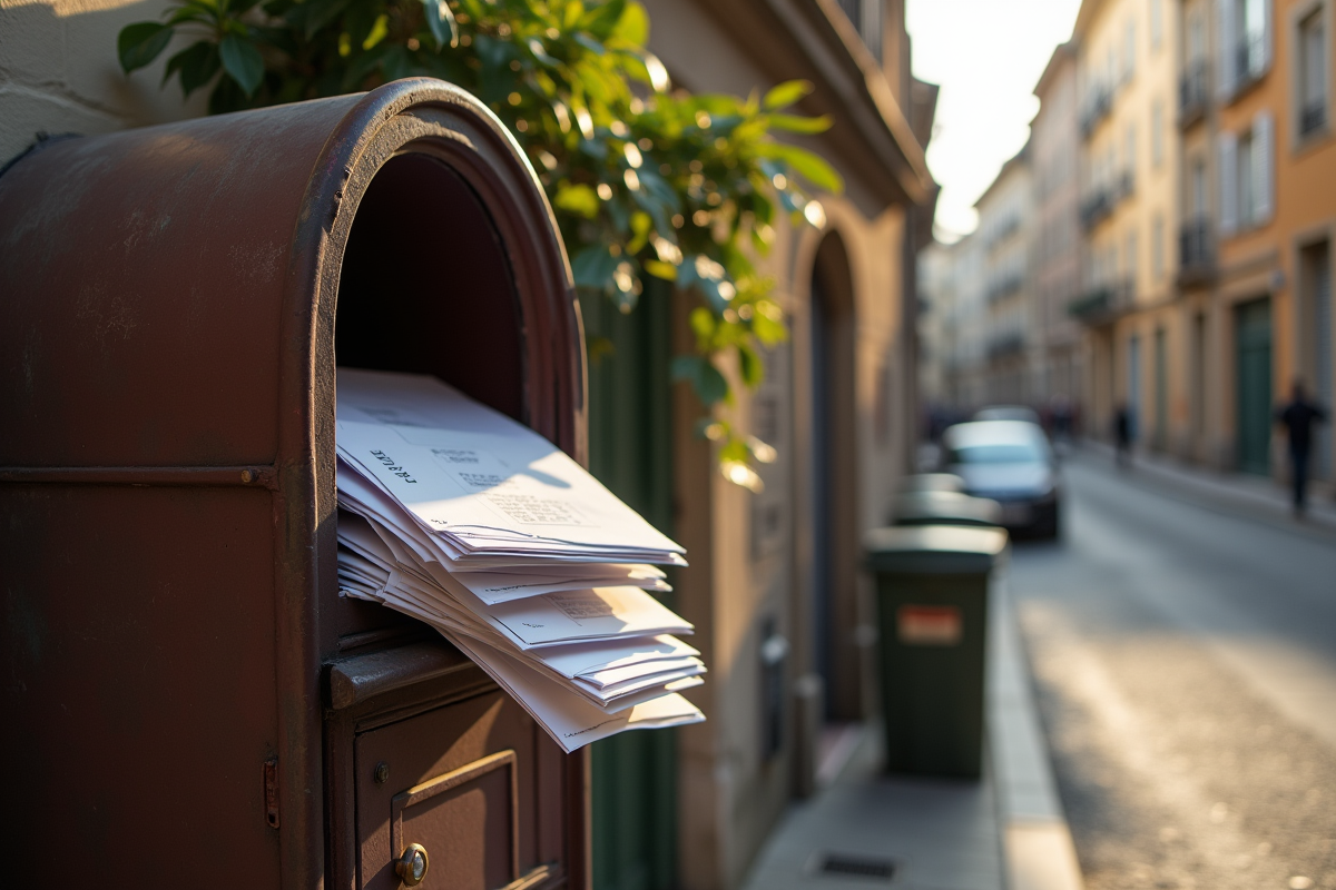 Boîte aux lettres à Bordeaux débordant de courriers en plein matin