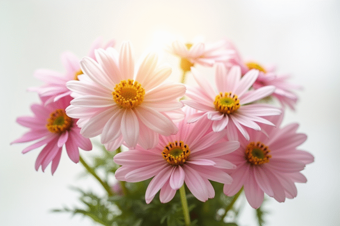 Bouquet d'anemones et d'asteres sous lumière naturelle