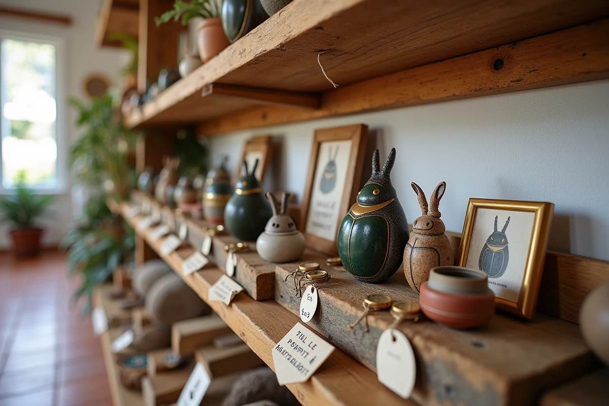 Étagère d'une boutique artisanale avec figurines et porte-bonheur scarabée modernes en céramique, résine et laiton