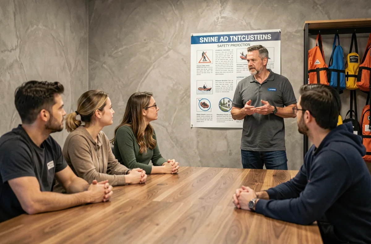 Groupe d'adultes recevant un briefing de sécurité obligatoire avant une activité de rafting extrême encadrée par un guide certifié