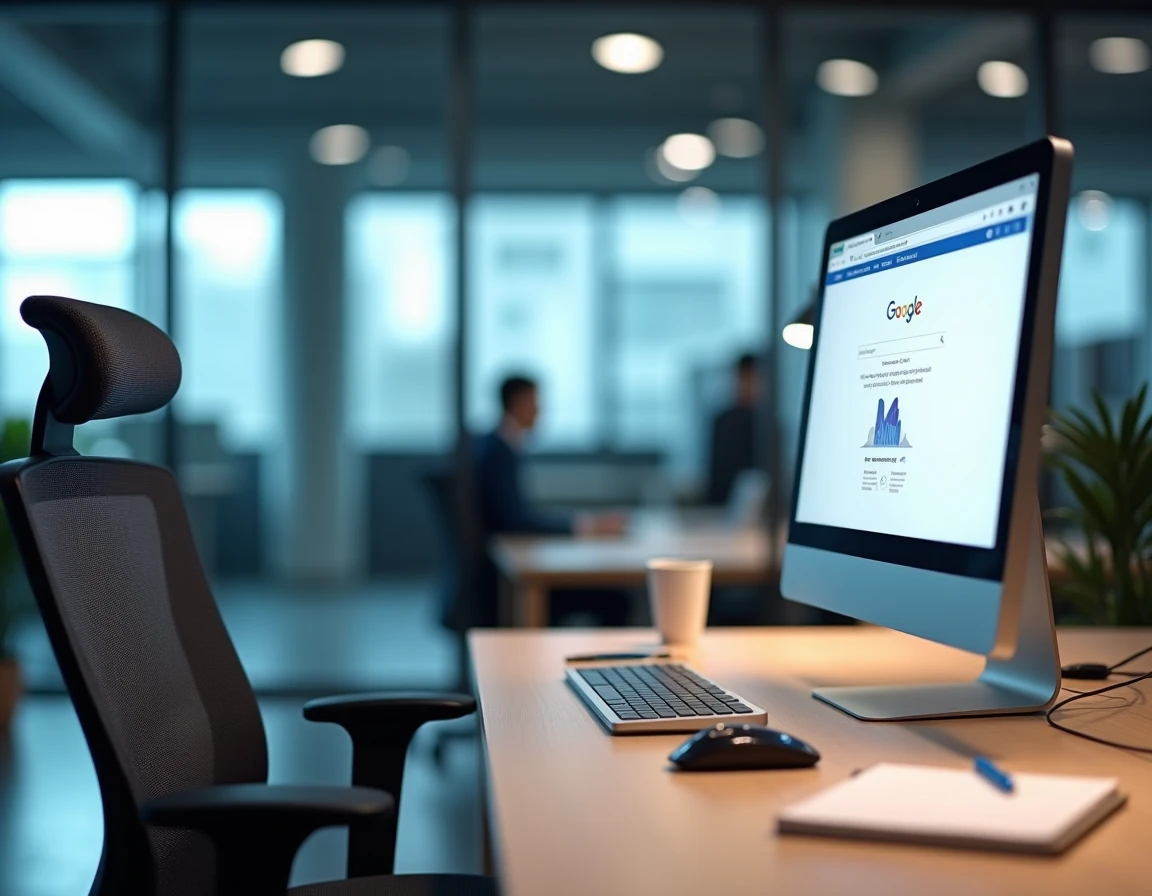 Bureau informatique de bureau vide avec le dé Google bloqué sur l'écran du moniteur