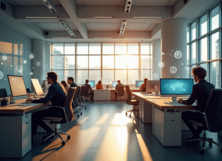 Intérieur moderne d'un bureau public en Normandie avec employés et communication digitale