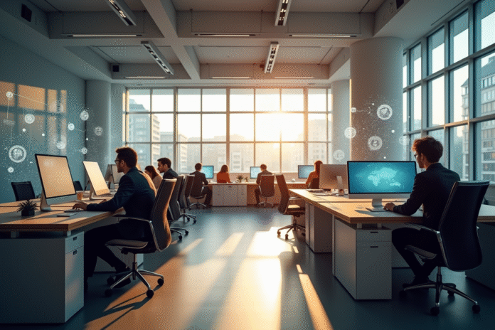 Intérieur moderne d'un bureau public en Normandie avec employés et communication digitale
