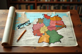 Carte papier vintage de l'Allemagne montrant les 16 Länder avec leurs régions colorées posée sur une table en chêne