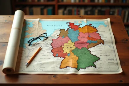 Carte papier vintage de l'Allemagne montrant les 16 Länder avec leurs régions colorées posée sur une table en chêne