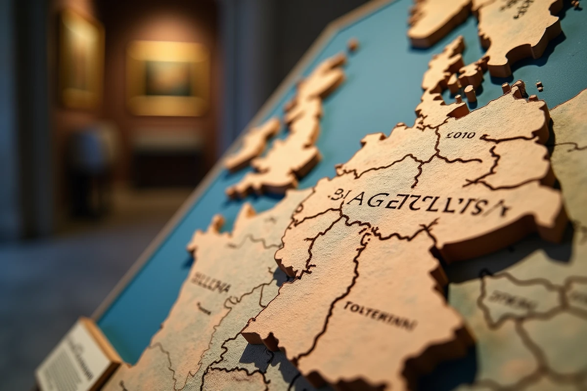Détail d'une carte en relief de l'Allemagne exposée dans un musée montrant les frontières des Länder et le relief du territoire