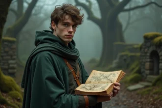 Homme tenant un journal avec une carte fantasy dans une forêt brumeuse évoquant l'univers du Seigneur des Anneaux