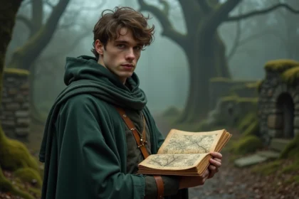Homme tenant un journal avec une carte fantasy dans une forêt brumeuse évoquant l'univers du Seigneur des Anneaux