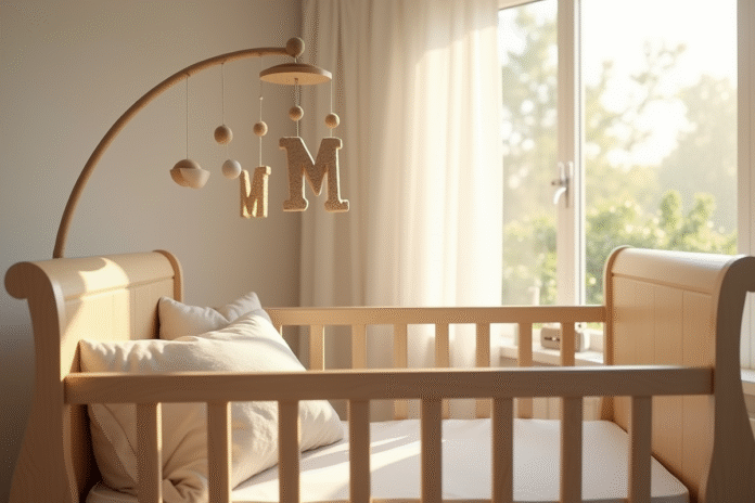 chambre-bebe-naturel-lumineux Chambre de bébé chaleureuse et lumineuse avec berceau en bois