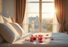 Chambre romantique en Bretagne avec lit blanc et lumiere naturelle